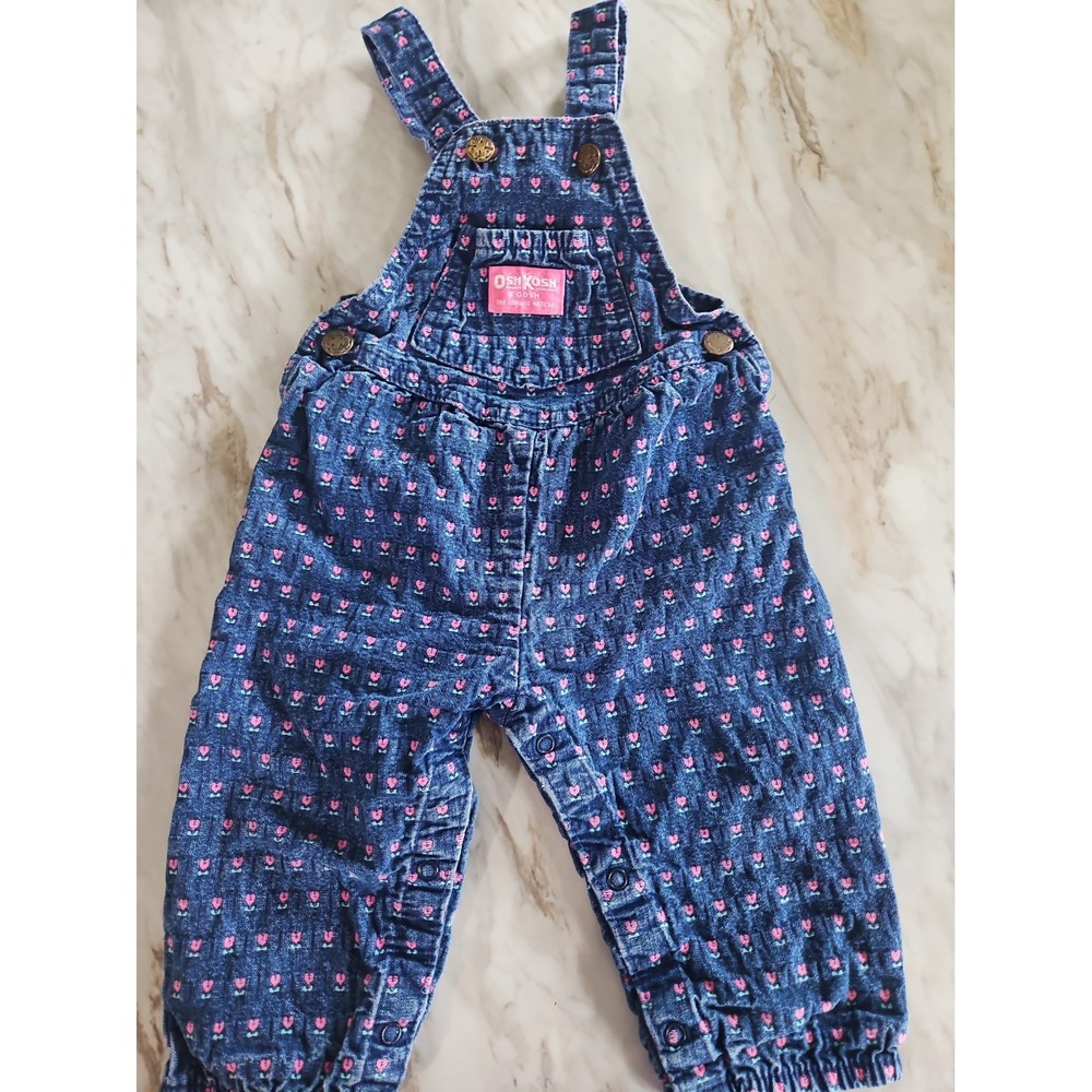 OshKosh Denim Overalls with Heart/Flowers Size 18 months Made in USA